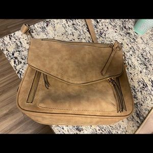 Boho Camel/Tan Pleather Crossbody Bag with Many pockets and zippers